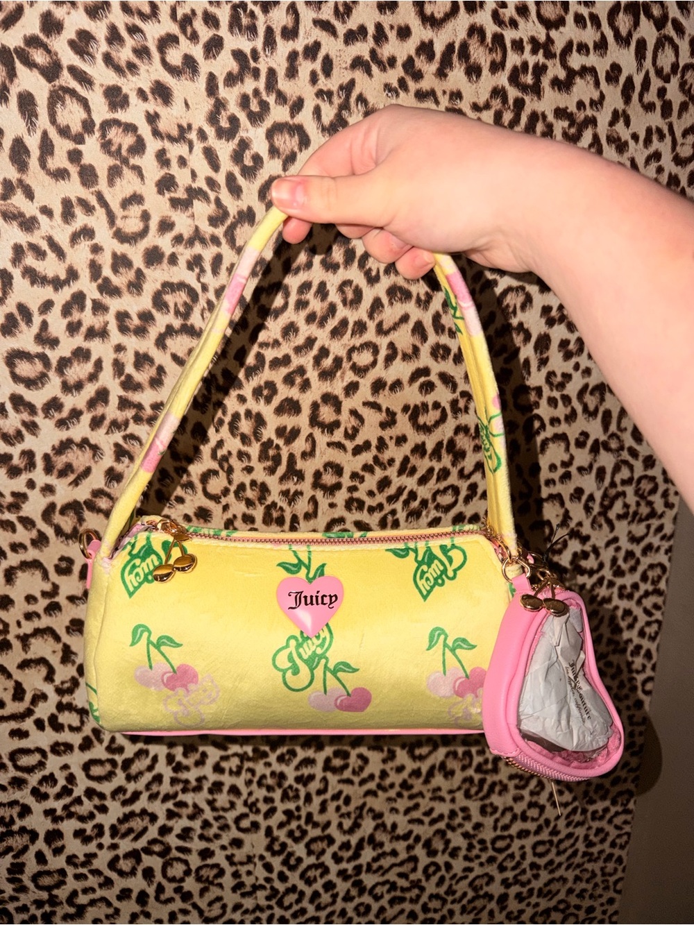 Juicy Couture Yellow Cherry Logo Barrel Purse with Pink Coin Pouch